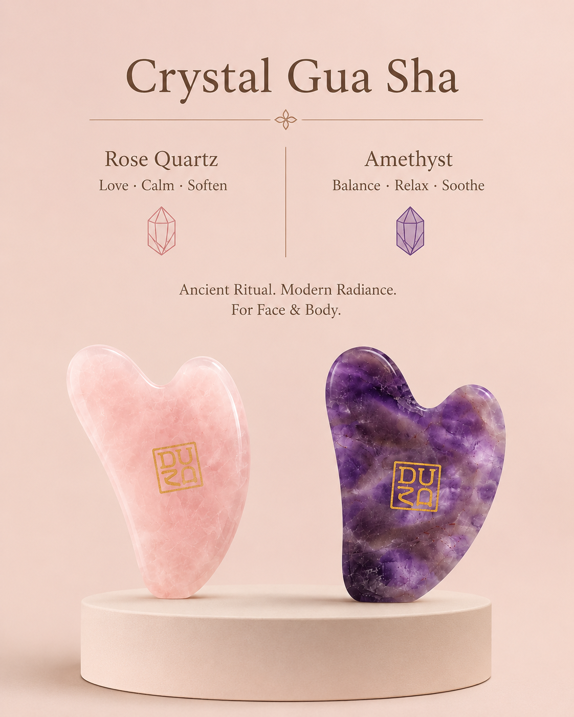 DU20 Crystal Gua Sha Board — Rose Quartz & Amethyst